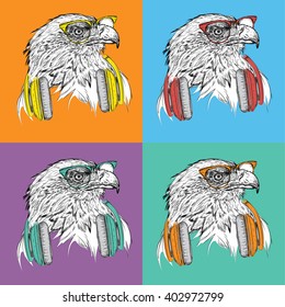 Image Portrait of eagle in a baseball cap with glasses. Pop art style vector illustration.
