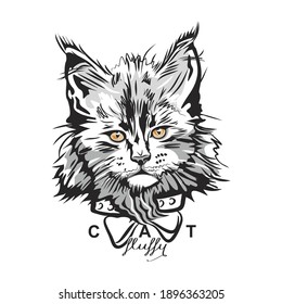 Image of a portrait of a fluffy cat with a bow. Vector drawing by layers on a white background