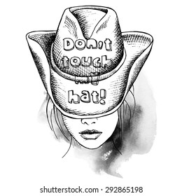 Image Portrait of the girl in a cowboy hat. Vector black and white illustration.