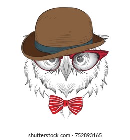 Image Portrait owl in the glasses and Hat.  / african / indian / totem / tattoo design. Use for print, posters, t-shirts. Hand draw vector illustration