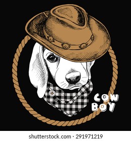 Image Portrait of a Puppy beagle in a brown cowboy hat and checkered cravat. Vector illustration.