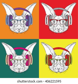 Image Portrait of rabbit in baseball cap with glasses. Pop art style vector illustration.