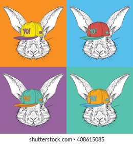 Image Portrait of rabbit in a baseball cap with glasses. Pop art style vector illustration.