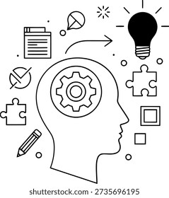 The image portrays a human head with a gear inside, symbolizing cognitive processes. Surrounding the head are various icons representing ideas, creativity, and problem-solving, such as a light bulb, puzzle pieces, a document, and a pencil.
