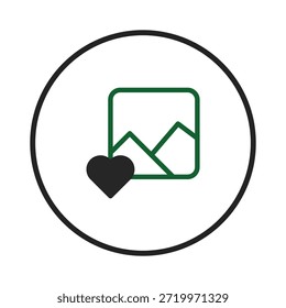 Una Imagen retrata un ícono minimalista de una Galería de Imagen con un símbolo de corazón integrado. Esta composición transmite una sensación de afecto o gusto por los medios mostrados y es adecuada para aplicaciones