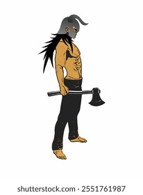 The image portrays a muscular warrior standing barefoot, holding a battle axe. He has long, spiky black hair, a grey horned helmet, and wears black pants, exuding a fierce and confident aura