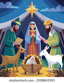 The image portrays a Nativity scene with Mary, Joseph, and baby Jesus, surrounded by animals and wise men under a starry night. 