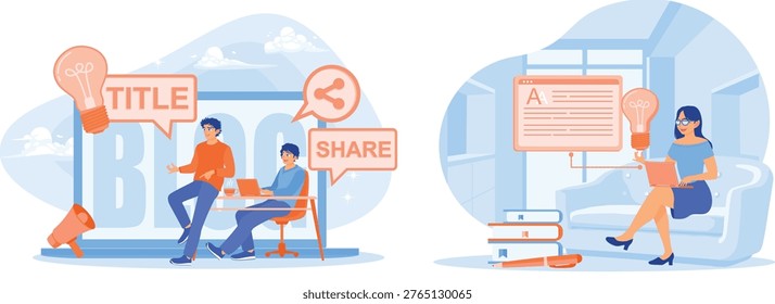 The image portrays a vibrant and engaging scene centered around the concept of blogging and collaborative knowledge sharing in a modern setting. on the left side, two individuals are seated at a table, immersed in a creative process. one person is actively typing on a laptop, while the other appears to be in a contemplative pose, perhaps brainstorming ideas. above them, a lightbulb icon signifies the birth of an idea, accompanied by a speech bubble labeled 'title,' indicating the importance of crafting a compelling blog title. another speech bubble with a sharing icon and the word 'share' emphasizes the act of disseminating content, highlighting the social aspect of blogging. the right side of the image features another individual, dressed in a blue outfit, walking towards a whiteboard filled with text, symbolizing content creation or brainstorming. she holds a book and is accompanied by another lightbulb icon, further reinforcing the theme of inspiration and idea generation. the overall scene is set against a backdrop of a blue sky with clouds, suggesting openness and boundless creativity. the image effectively communicates the essence of creating, sharing, and collaborating in the realm of blogging and content creation, portraying it as a dynamic and interactive process