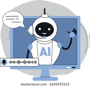 Imagem de um personagem de IA positivo com microfone, bate-papo on-line. Assistente virtual para um site, bot de bate-papo para se comunicar com clientes, assistente de voz para negócios e pesquisa de informações