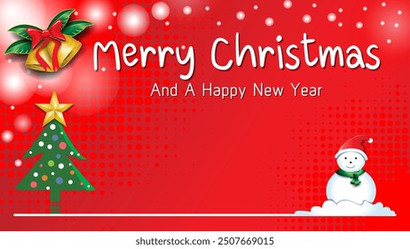 Bild von Postkarte Frohe Weihnachten auf rotem Hintergrund. Illustration, Weihnachtskarte, Vektorhintergrund mit Text, Schneemann, goldene Glocke, Tannenbaum, roter Hintergrund. Verwendung für Design, Werbung.