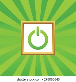 Image of power symbol in golden frame, on green abstract background