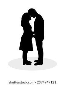 The image of a pregnant couple. Husband and wife holding hands. Couple in love. Black silhouettes and white background.