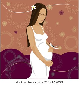 Image of a pregnant girl. Color vector image on a color background. Drawn in Adobe Illustrator. The image is intended for printing.