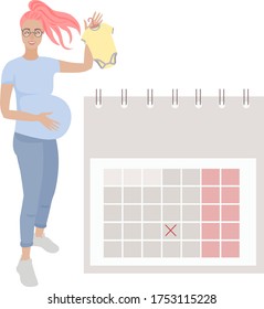 The image of a pregnant girl on a background of a gray calendar where the birthday is marked.
stock isolated illustration on white background for printing on postcards, websites, shop advertising 
