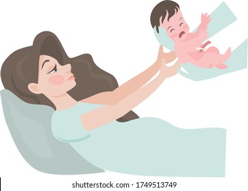 image of a pregnant woman after childbirth, whom the doctor gives into the arms of the child.
stock isolated illustration on white background for printing on postcards, websites, shop advertising 