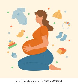 An image of a pregnant woman holding her hands on her stomach and thinking about the future baby, thinking about toys and clothes for the newborn. Isolated objects. Flat illustration. 