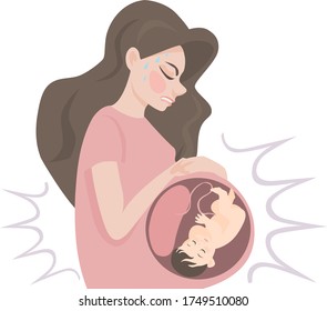 image of a pregnant woman in a pink dress with a baby inside the abdomen, who experiences pain during contractions.
stock isolated illustration on white background for printing on postcards, websites,