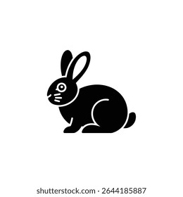 The image presents a black silhouette of a rabbit with long ears sitting on a plain white background. The animal is small and stylized, perfect for icons.