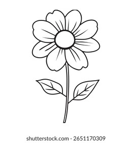 A imagem apresenta um desenho a preto e branco de uma flor com várias pétalas, um caule e duas folhas, colocadas sobre um fundo branco-escuro.