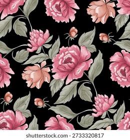 The image presents a botanical print design featuring flowers and leaves. The illustration is done in a traditional hand-drawn style, each one appearing in a slightly different color that ranges from light red to darker pink or peach color and dirty green-green, with a black box in the repeated pattern background. The stems and branches take on a much more pale green hue, and the apricot or peach-colored buds that seem to have just started to open can be seen on long stems between a few of the blossoms.