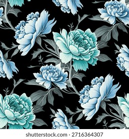 A imagem apresenta um padrão floral cativante contra um fundo preto elegante. O design apresenta um arranjo harmonioso de grandes flores azuis, acompanhadas por flores menores, folhas intrincadas e delicadas gavinhas. Esses elementos são artisticamente arranjados para criar uma sensação de equilíbrio e simetria.