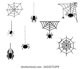 The image presents a collection of black spider and spider web illustrations, each distinct in design.