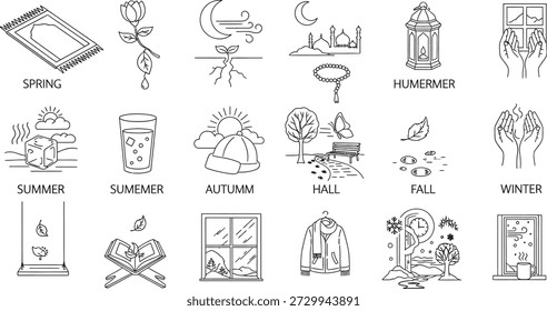 The image presents a collection of simple line drawings, each representing a different season. The drawings are arranged in three rows, with the top row featuring spring, summer, autumn, hall, fall, and winter. Each drawing is accompanied by a label indicating the corresponding season.