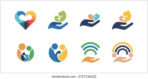 The image presents a diverse collection of eight colorful abstract logo designs, each symbolizing concepts such as family, community, care, protection, support, connection, and social networks, depicted through various minimalist graphic elements like hands holding figures, heart shapes, and embracing forms, set against a clean white background