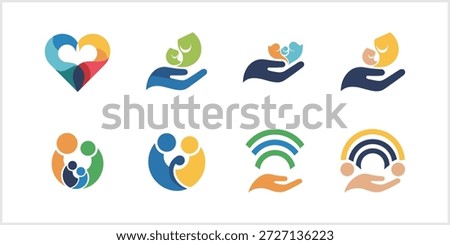 The image presents a diverse collection of eight colorful abstract logo designs, each symbolizing concepts such as family, community, care, protection, support, connection, and social networks, depicted through various minimalist graphic elements like hands holding figures, heart shapes, and embracing forms, set against a clean white background