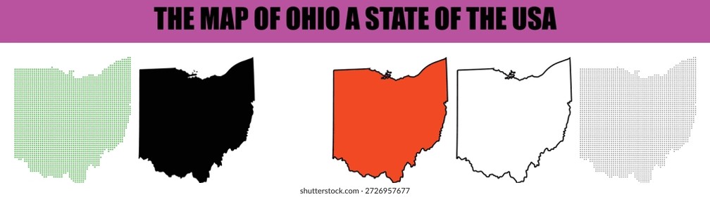 The image presents a diverse collection of graphic representations of the Ohio state map Various styles include dotted patterns in green and grey solid black silhouettes a vibrant orange fill with a black outline and a clean black outline alone offering versatile design elements