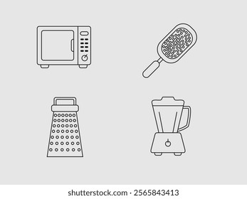 The image presents four common kitchen appliances depicted in a simple line art style against a light gray background