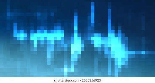 The image presents a futuristic, pixelated tableau featuring shades of blue, with luminous rectangular shapes creating an abstract, tech-inspired graphic that suggests digital landscapes