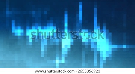 The image presents a futuristic, pixelated tableau featuring shades of blue, with luminous rectangular shapes creating an abstract, tech-inspired graphic that suggests digital landscapes
