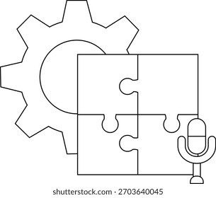 Das Bild zeigt ein Getriebe, ein vierteiliges Puzzle und einen Mikrofonumriss