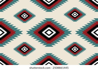 The image presents a geometric, Southwestern-inspired pattern with bold, repeating diamond motifs. The primary colors in the design are a muted teal, deep red, black, and white, set against a beige 