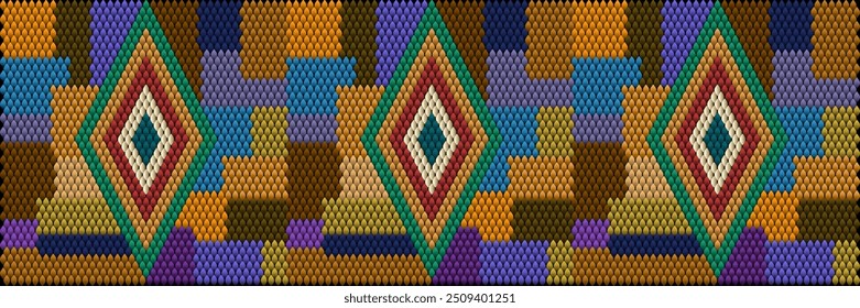  image presents an intricate geometric pattern resembling traditional beadwork with a modern twist