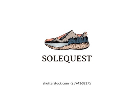 The image presents a logo design for Solequest, combining a shoe shape with a mountain landscape.