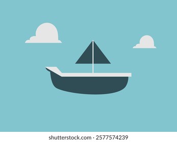 The image presents a minimalist flat design illustration of a sailboat