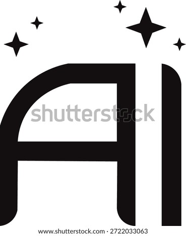 The image presents a minimalist yet impactful black and white logo featuring the letters "AI". The "A" is characterized by a sleek, rounded top-left curve, while the "I" is represented by a clean, vertical bar. Above these letters, a cluster of four twinkling stars, one notably larger, adds a touch of brilliance, magic, and aspiration. This design effectively conveys themes of artificial intelligence, innovation, advanced technology, and modern digital solutions, making it suitable for a tech company, AI-related product, or a conceptual illustration of future advancements. The stark contrast between black and white provides a strong visual statement, emphasizing clarity and sophistication.