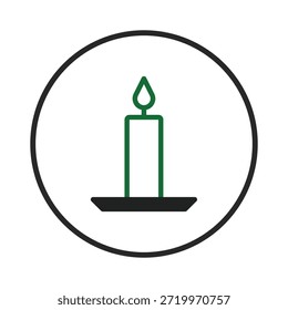 A imagem apresenta um ícone de vela minimalista, com uma chama verde e corpo de vela em uma base preta. Encapsulado dentro de um círculo preto, oferece uma estética simples e moderna adequada para