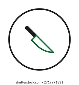 A imagem apresenta um ícone gráfico minimalista de uma faca, sua lâmina em verde vibrante e sua alça em preto profundo, em um fundo branco nítido. Envolvido em uma estrutura circular simples e limpa,