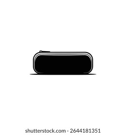 The image presents a monochrome illustration of a closed, zippered pencil case. The design is minimalistic, with a clean, flat aesthetic against a pure white backdrop.