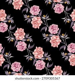 La Imagen presenta un patrón floral sin fisuras con flores y hojas rosas sobre un fondo negro.