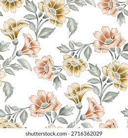 Das Bild zeigt ein nahtloses Blumenmuster, das eine vielfältige Palette von Blumen in verschiedenen Farben und Formen umfasst. Die dominierenden Farbtöne sind Rosa, Orange, Braun und Beige, die durch dunklere grüne Grautöne für die Blätter hervorgehoben werden.