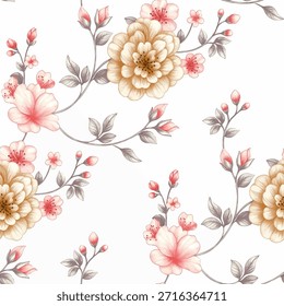 La Imagen presenta un patrón floral sin fisuras con flores pastel y follaje sobre un fondo blanco. El arreglo comprende una variedad de Elementos.
