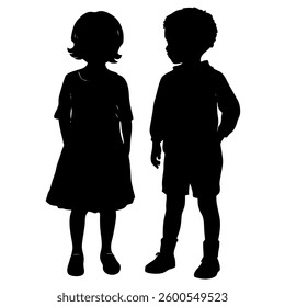 The image presents a silhouette of two children, a girl and a boy, standing next to each other. 