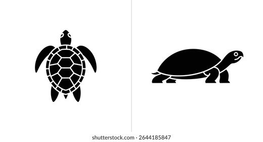 Image presents silhouetted depictions a sea turtle from above showing its shell pattern and flippers, and a land turtle in profile, showcasing shell and sturdy legs.