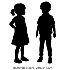 The image presents the silhouettes of two children, a boy and a girl, rendered in black against a clean white background. 