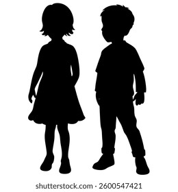 The image presents silhouettes of two children, a girl and a boy, standing in a playful pose. 