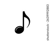 Image presents a simple black eighth note, a musical notation element, isolated against a clean white background. This design element is often used in music creation.